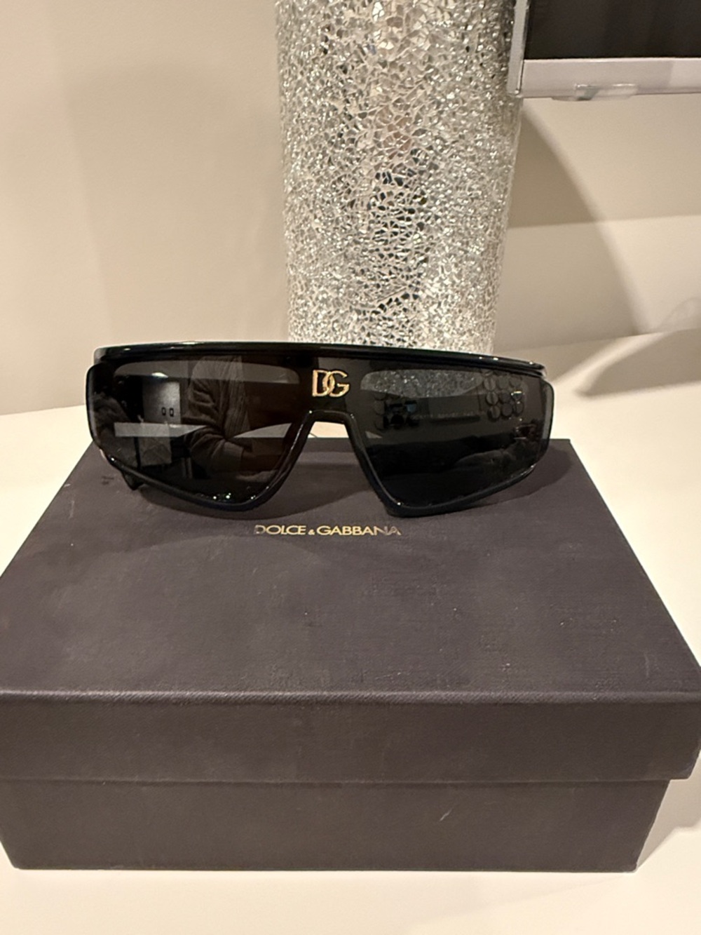 Dolce & Gabbana Black Sunglass Shield with Gold DG Accent